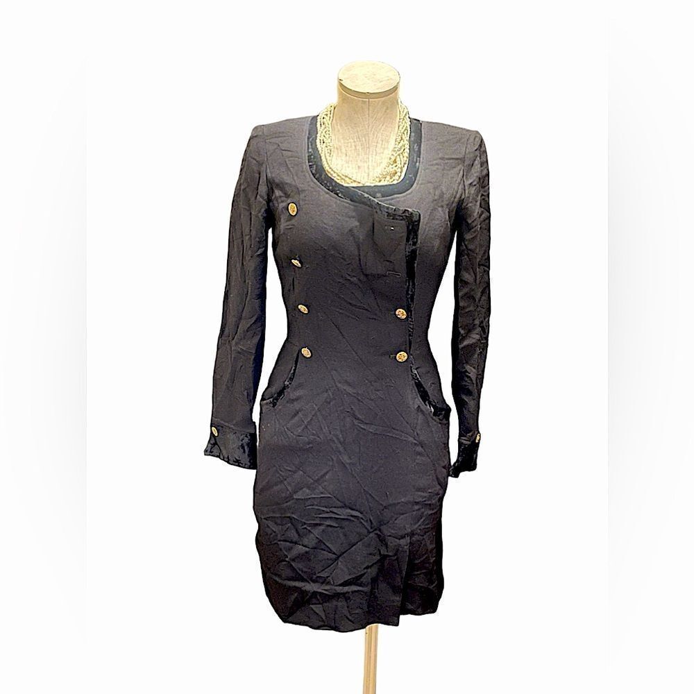 "Chic Vintage Military-Style Long Sleeve Wool Dress by Emanuel Ungaro